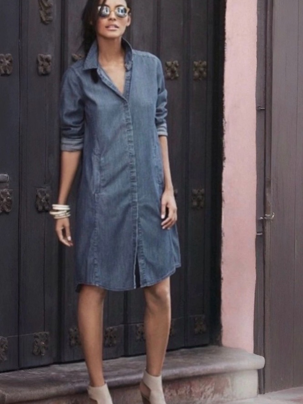 Eileen Fisher Denim Tencel Cotton Mini Shirtdress Medium Coastal Cowgirl Western